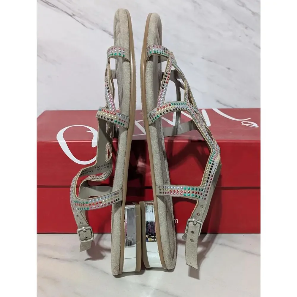 Women's Multi-Color Studs Taupe Base Strappy Sandals Silver Heel Sz 8M